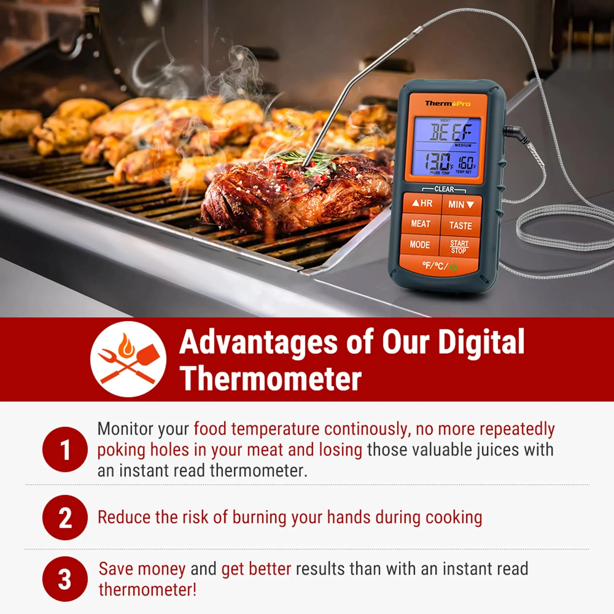 ThermoPro TP06B Digital Kitchen Food Thermometer Single Probe with Timer/Temperature Alarm for Smoker BBQ Meat Cooking