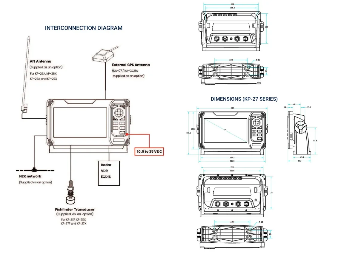 IP66 Marine GPS-Kartenplotter 4-IN-1 mit Echolot und integriertem AIS-Fischfinder ONWA KP-27X 7 Zoll