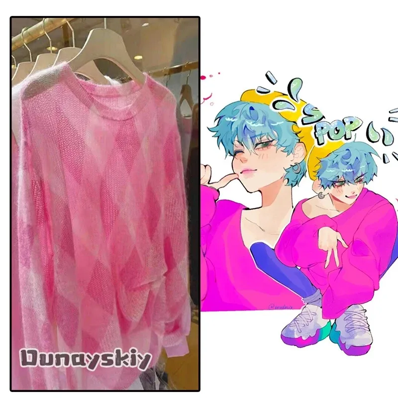 2025 22 KPOP Huntrix Saja Boys Baby Cosplay Pink plaid Thin Sweater Y2K Women's costume Halloween Disguise for Adult Out