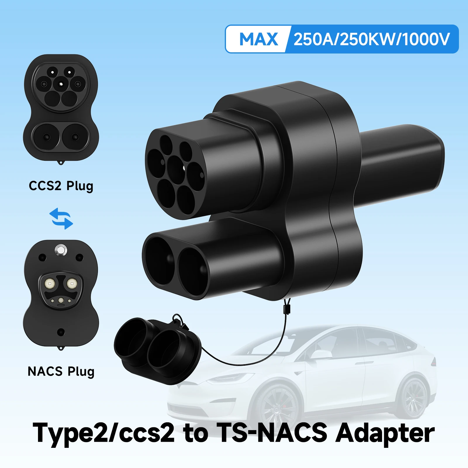 CCS2 to NACS 2-in-1 Adapter DC&AC 250kW Fast Charger for Tesla Model 3/X/Y/S USA Vehicle European CCS2 Type 2 Station