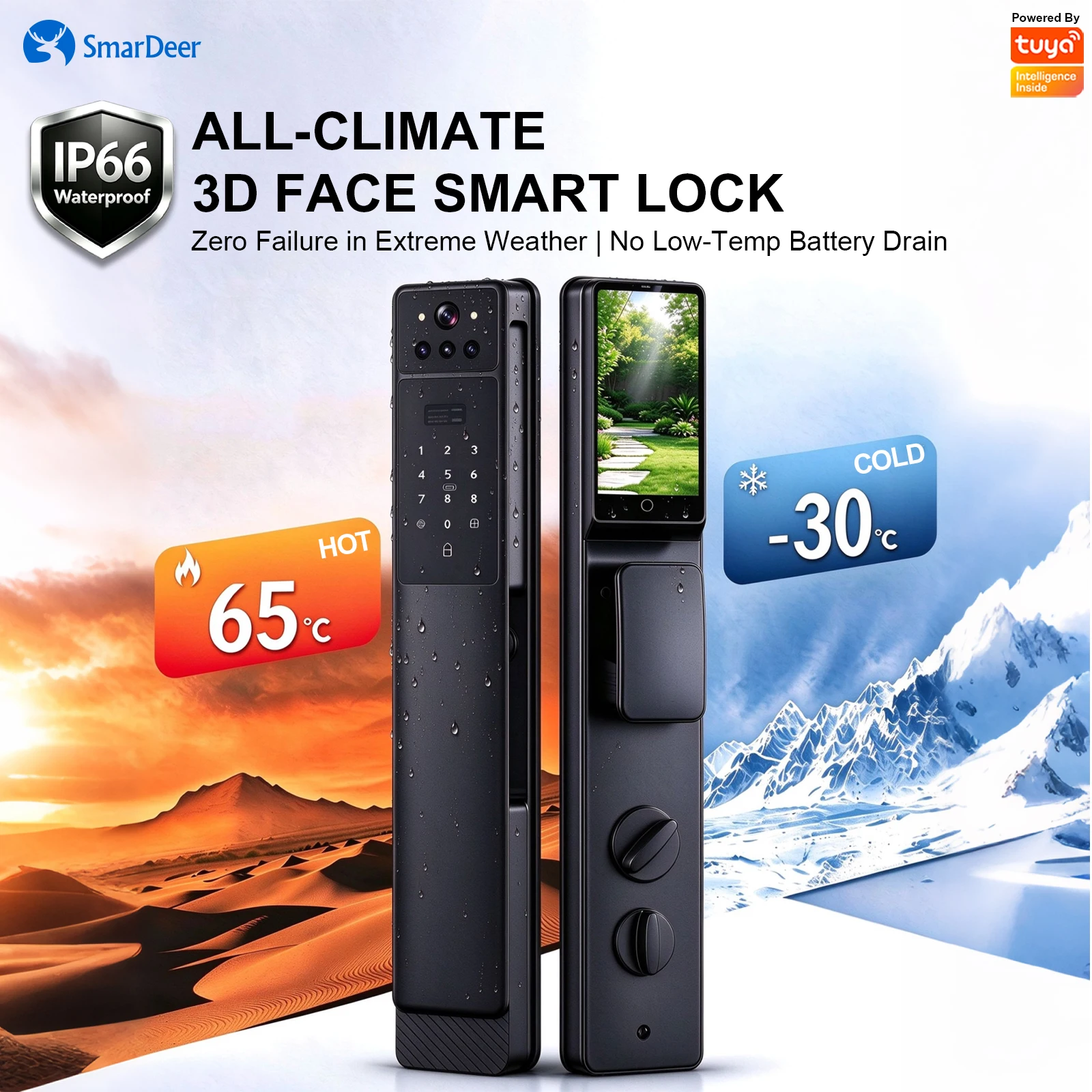 SmarDeer 3D Face & Palm Vein Smart Door Lock Tuya WiFi Fingerprint Lock IP66 Waterproof Keyless Entry with Alexa  9 Unlock Ways