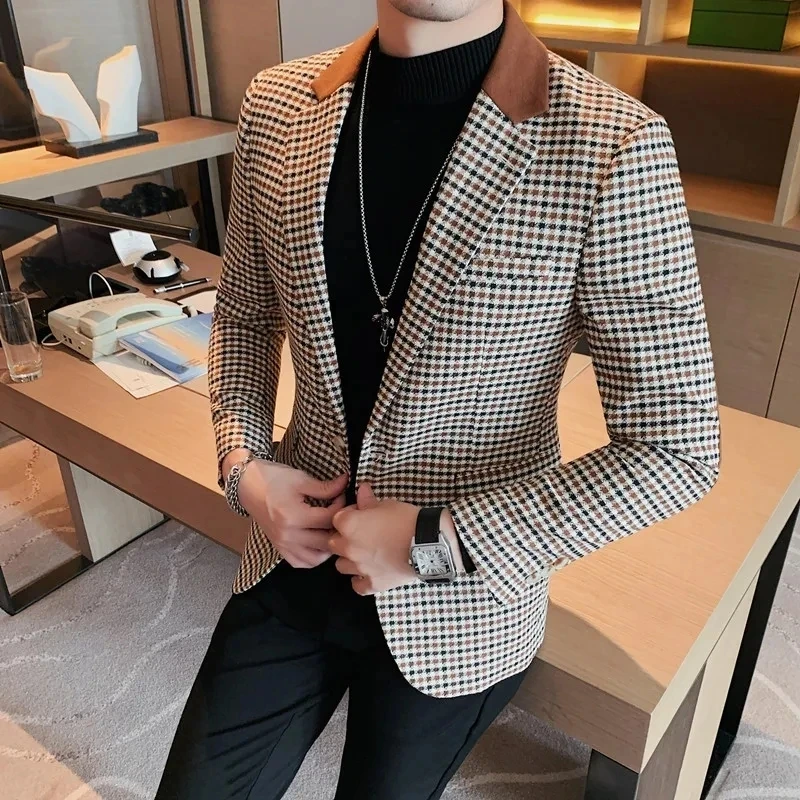 Men Spring High Quality Plaid Business Suit Jackets/Male Slim Fit Luxury Office Tuxedo/Man Brand Clothing Fashion Blazers 4XL-M