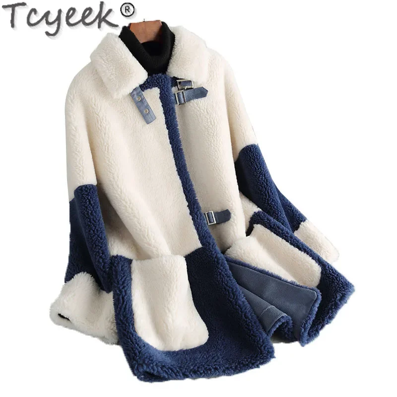 Tcyeek 100% Wool Jacket Fashion Sheep Shearling Coat Ladies Winter Jackets for Women Mid-length Grain Wool Coat Casaco Feminino