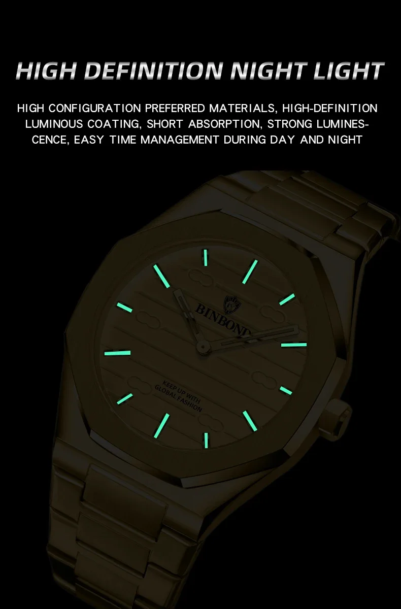 BINBOND New 818 Fashion Business Men's Quartz Watch Octagonal Waterproof Night Light Luxury Men's Quartz Watch 2025