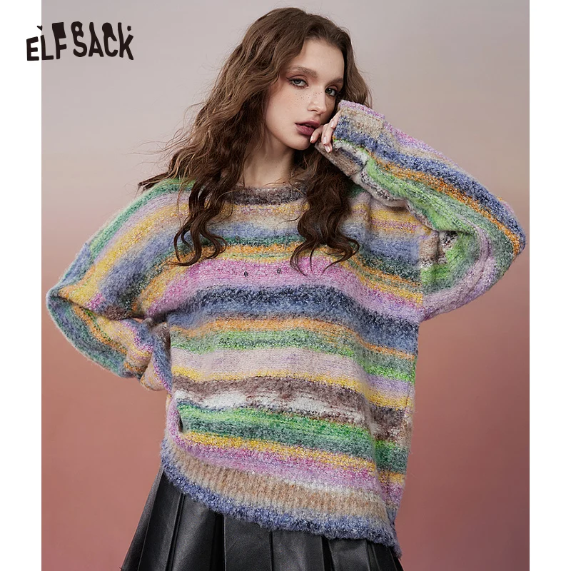 ELFSACK Kawaii Colorful Striped Pullover Sweaters Women 2023 Winter Plus Size Luxury Designer Tops