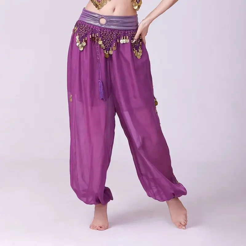 Womens Belly Dance Pants Chiffon Lantern Shiny Sequins Pants Adult Stage Performance Harem Wide-Legged Trousers Dance Costume