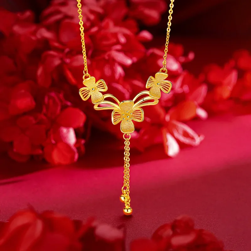 9999 Real Gold 24K Golden Girl Long Flower Clavicle Necklace Premium Wedding Osmanthus Flower Set Chain