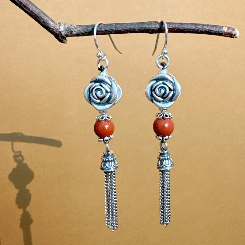 

Langyan 999 Silver Red Agate Bead Rose Tassel Earrings for Women Vintage Ethnic Three-dimensional Flower Long Earrings Jewelry