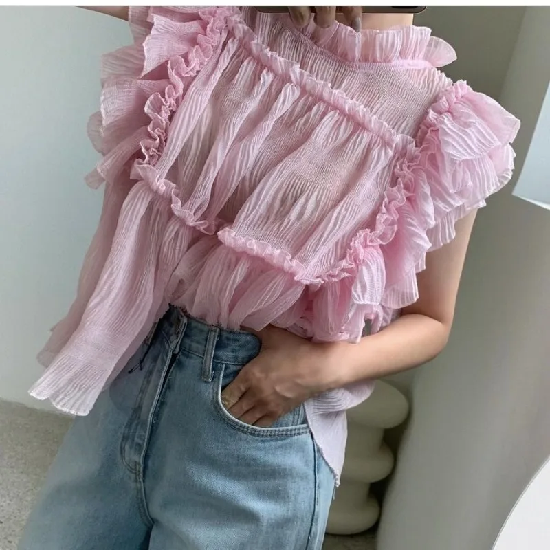 Sweet Chic Ruffles Shirts & Blouses Flying Sleeve Women 2024 Blusas Sleeveless Ropa Mujer Loose Camisas Korean Style Blusa