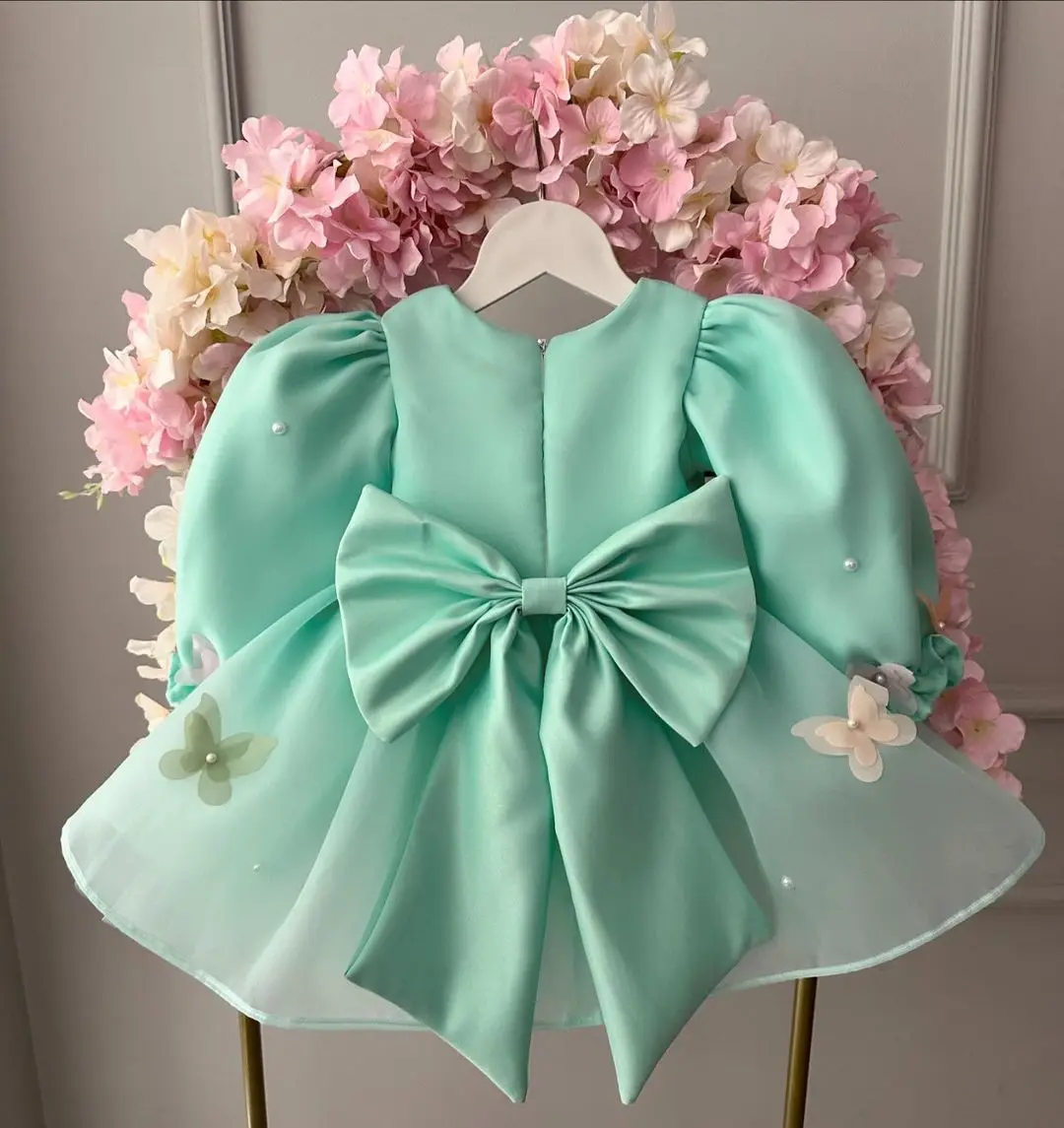 Green Flower Girl Dress for Wedding Puffy Full Sleeves Pearls Princess Kids Baby Birthday Party First Communion Ball Gown 2024