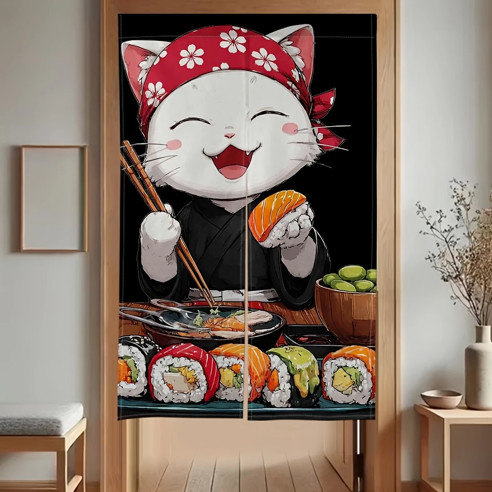 VIKAMA Cartoon Japanese-Style Food Cat Door Curtain, Hand-Painted Salmon Print Half-Door Curtain, Kitchen Divider and Home Decor