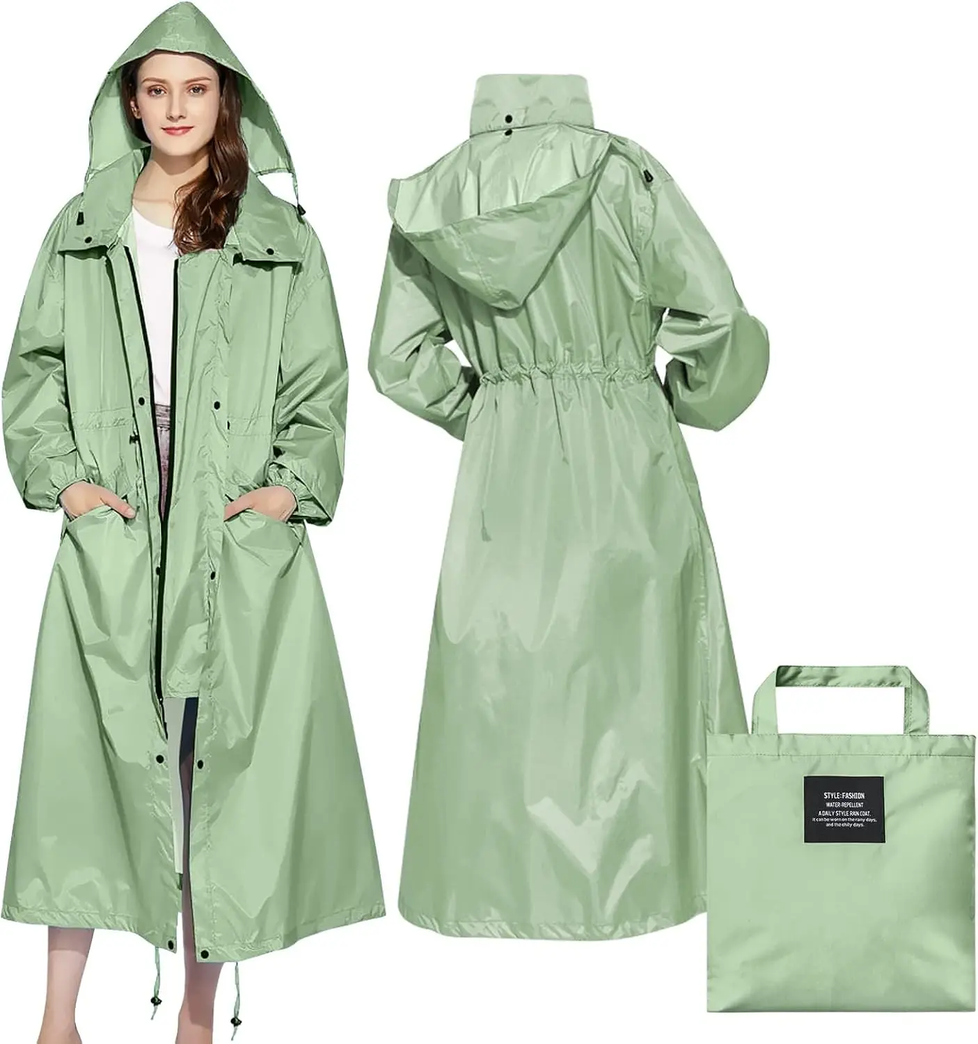 Ladies Long Raincoats Rain Jacket Waterproof Packable Hooded Windbreaker Lightweight Adjustable Waist Outdoor Protection Storm