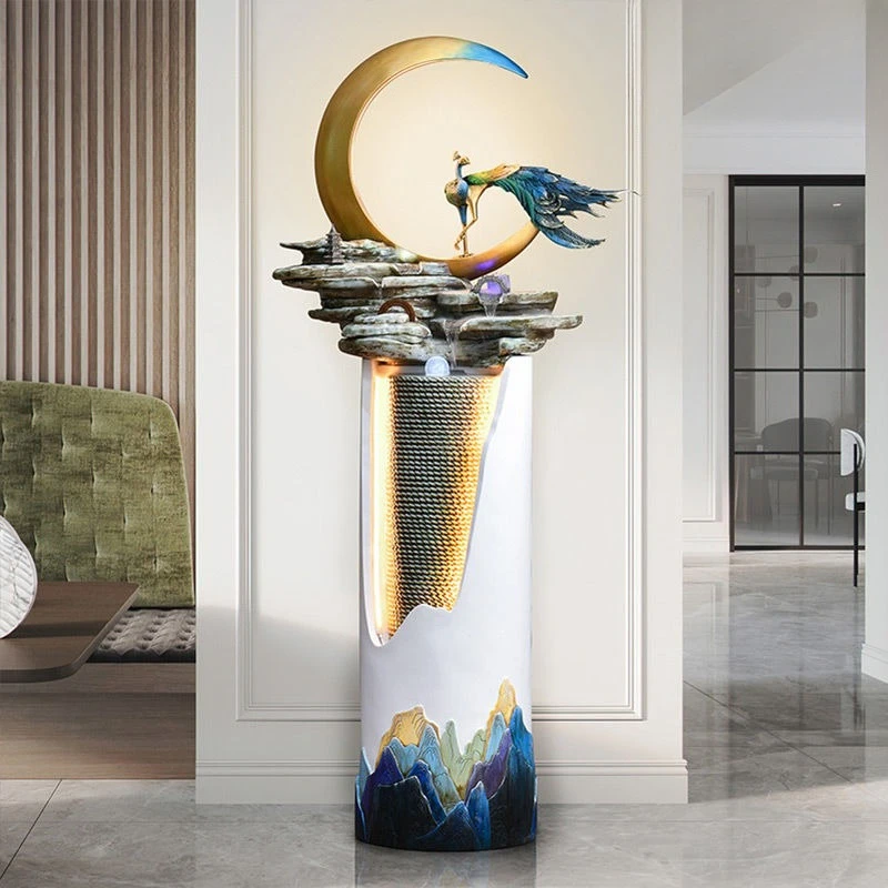 Peacock flowing water landscape floor-to-ceiling fountain ornament household entrance light luxury creative decoration