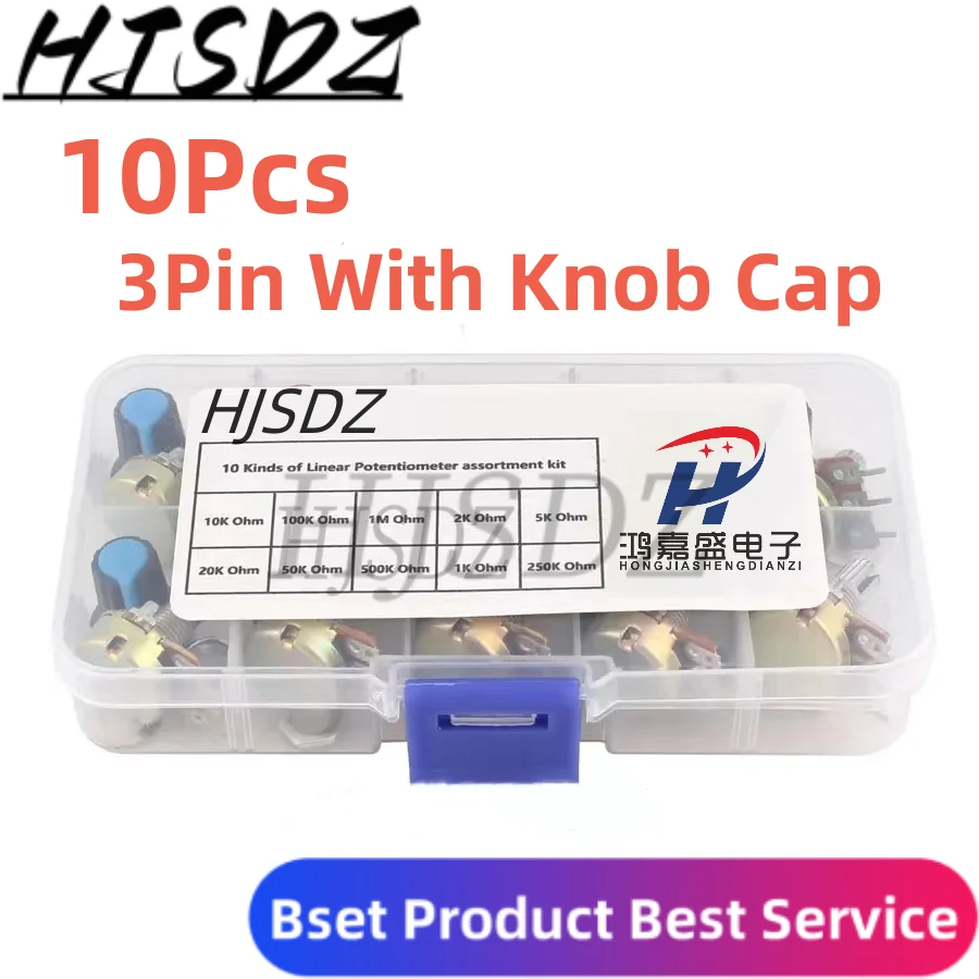 WH148 Potentiometer Kit 1K 2K 5K 10K 20K 50K 100K 250K 500K 1M 15mm Linear Taper Rotary Potentiometer Set 3Pin With Knob Cap