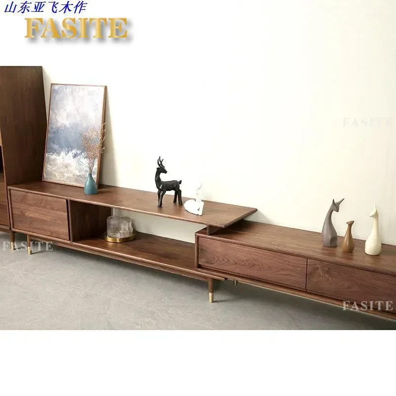Nordic Simple Modern Black Walnut Telescopic TV Cabinet Solid Wood Light Luxury Combination Full Wall Integrated Floor