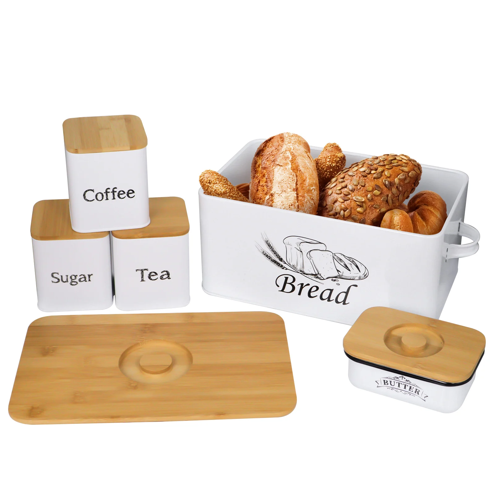 

Large Capacity Modern Metal Bread Box Set with 3 pcs Kitchen Canister and Butter Dish Storage Bin Nice Organization for Counter