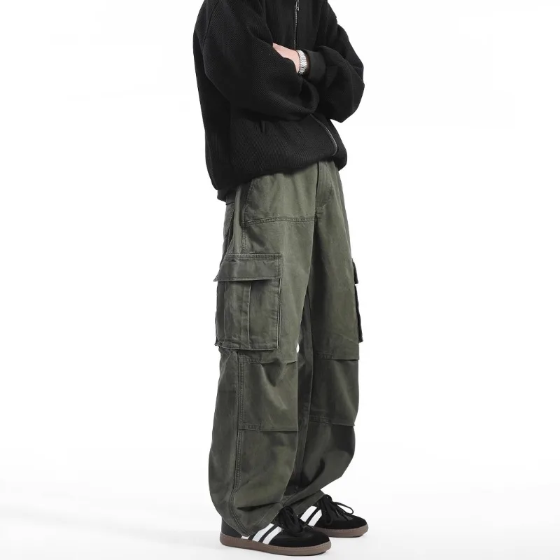 

American Style Men's Green Cargo Pants High Street Straight Loose Wide Leg Multiple Pockets Hip Hop Retro Casual Sweatpants