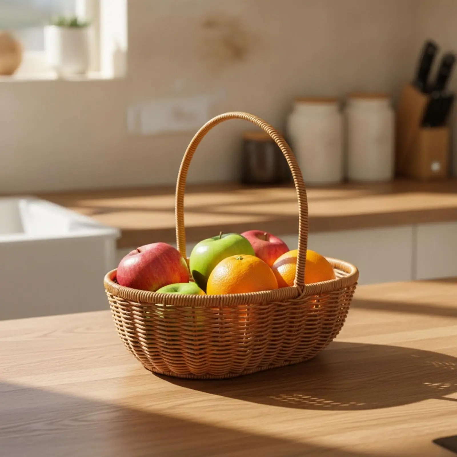 Woven Egg Basket PE Imitation Rattan Oval Storage Basket with Arch Handle for Kitchen Counter Fruit Vegetable Organizer