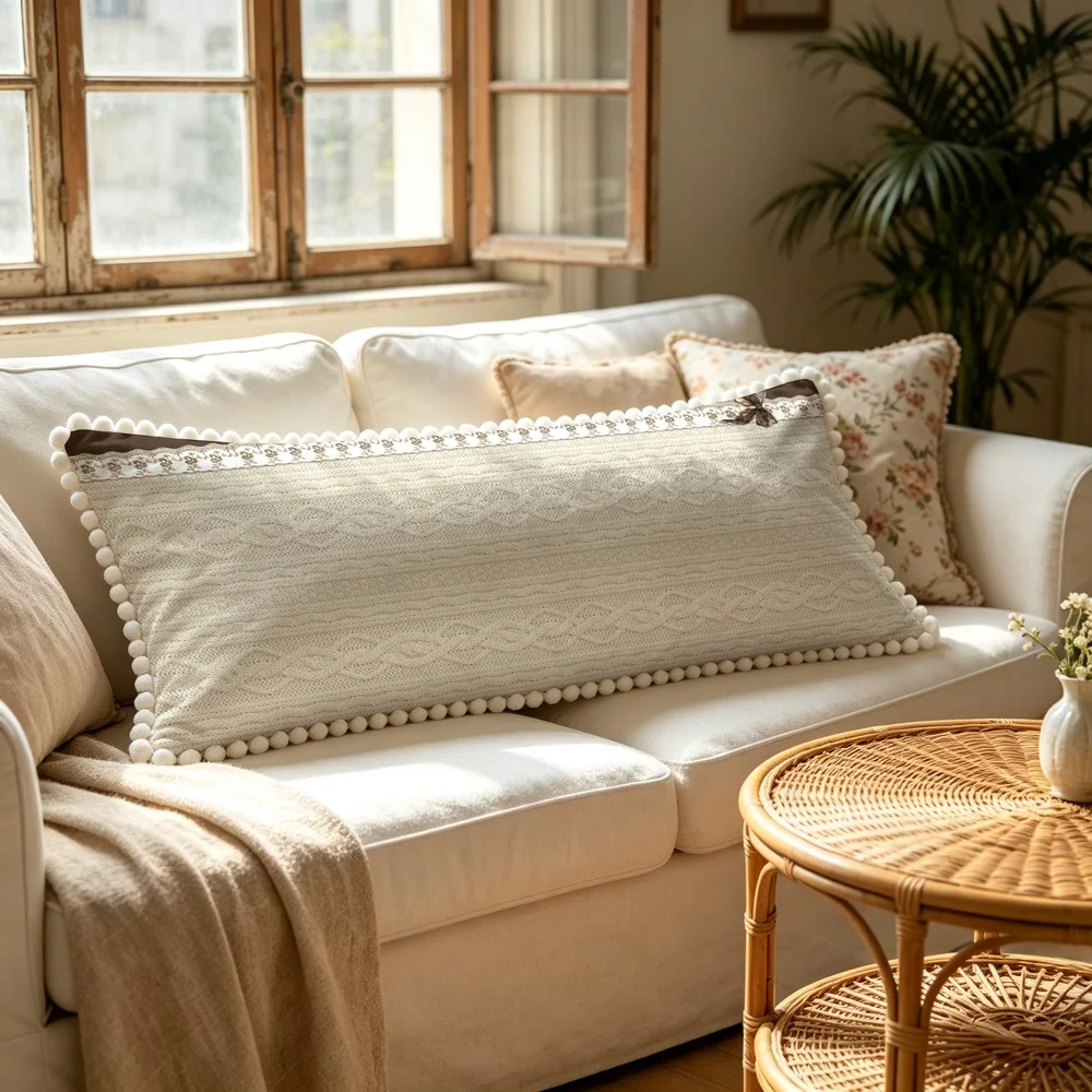 1PC Beige Knit Texture Pattern, Cozy Warm Knit Style Long Pillow Cover with Pom Pom Trim, Bedroom Sofa Home Decor, Bedroom Sof