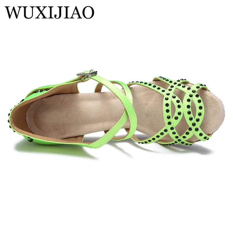 WUXIJIAO Latin dance shoes women fluorescent green satin salsa shoes girls ballroom  sports sandals rhinestone heels