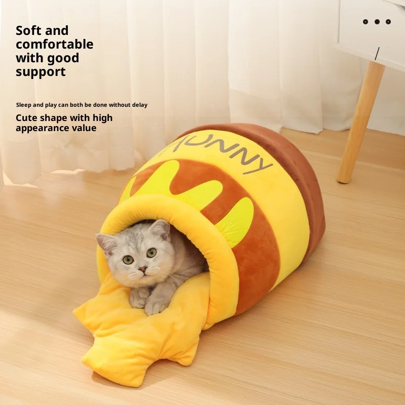 Cama cálida tarro de miel para gatos, cueva de invierno en felpa - imagen 5