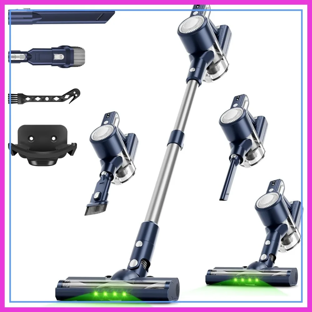 Cordless Vacuum Cleaner 30KPa Suction Stick Anti-Tangle Pet Hair Rechargeable 6-in-1 Green LED Light for Carpet Hard Floor