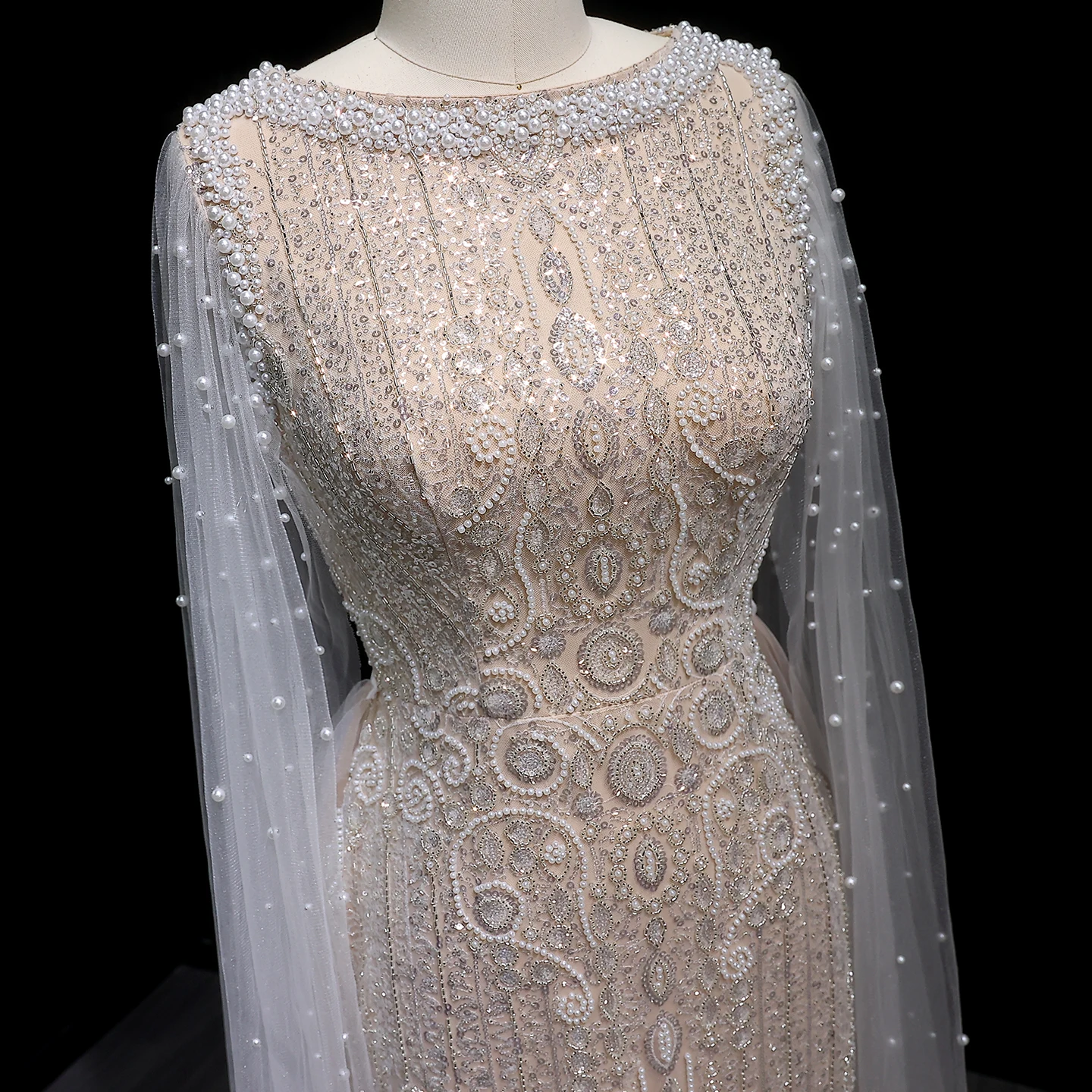 Sharon Said Luxuriöses Champagner-Abendkleid mit Cape-Ärmeln, Pailletten und Perlen, für formelle Anlässe und Partys, SS668, maßgeschneidert – Detail 6