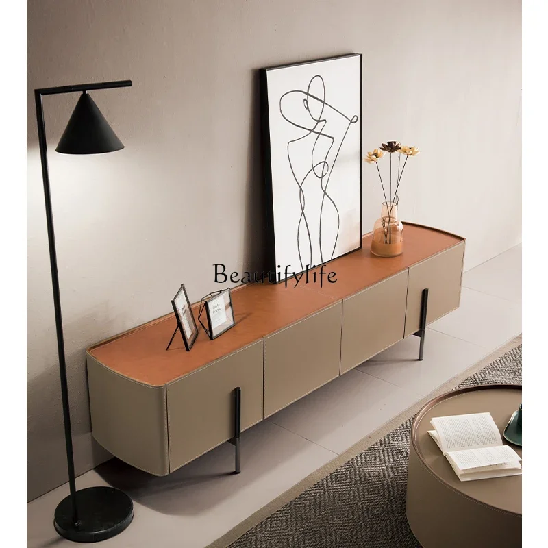 Italian minimalist saddle leather TV cabinet light luxury modern minimalist designer living room furniture