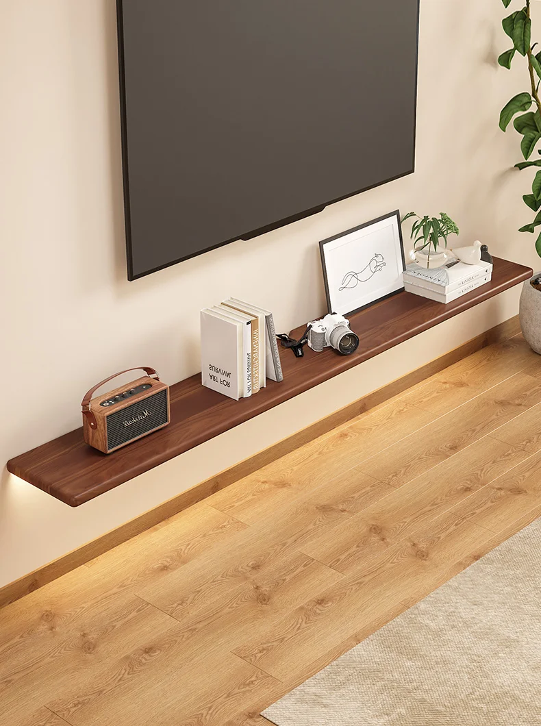 Primary color solid wood baffle TV cabinet suspended under TV, wooden board decoration set-top box, wall rack
