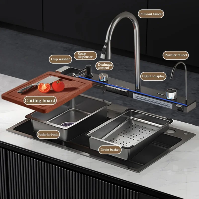 

(TTO) Умная цифровая кухонная мойка из нержавеющей стали с одной чашей и 5 режимами выхода воды (75*46 см) LQ