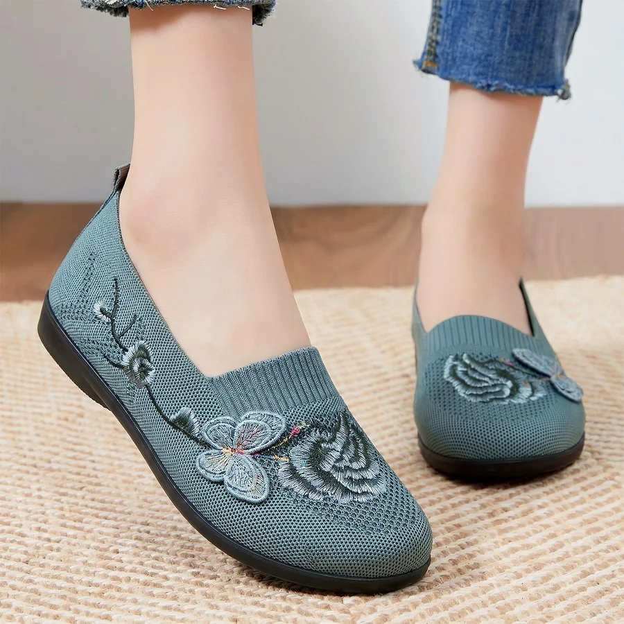 

Zen Garden Knit Slip On Shoes For Women Subtle Floral Embroidery Breathable Calming Flats Woman Lightweight Everyday Wear Shoes
