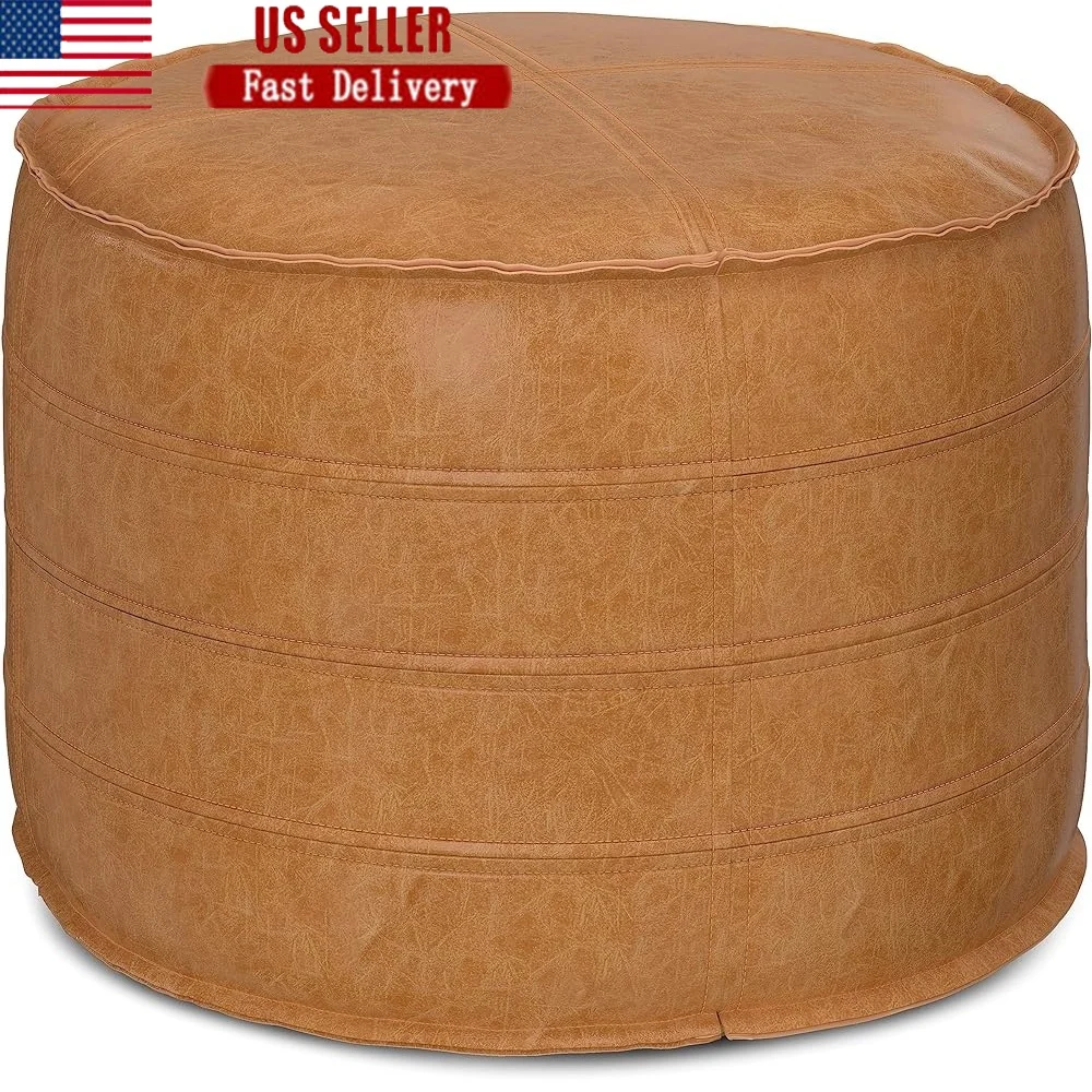 

Boho Round Pouf Vegan Faux Leather Upholstered Seat Living Room Bedroom Kids Room Furniture Supportive Distressed Design