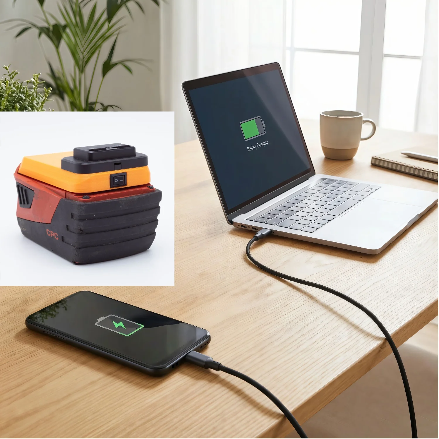 

Портативный внешний аккумулятор для литиевых батарей Hilti 22V B22-2.6, B22-4.0, B22-8.0 с выходом USB Type-C и держателем для быстрой зарядки