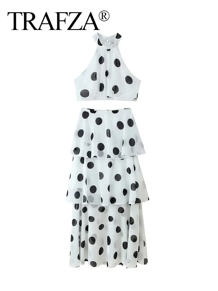 

TRAFZA Women's Vintage Polka Dot Print Suit Sleeveless O Neck Zipper Top+High Waist Layered Cake Midi Skirt Summer Elegant Set