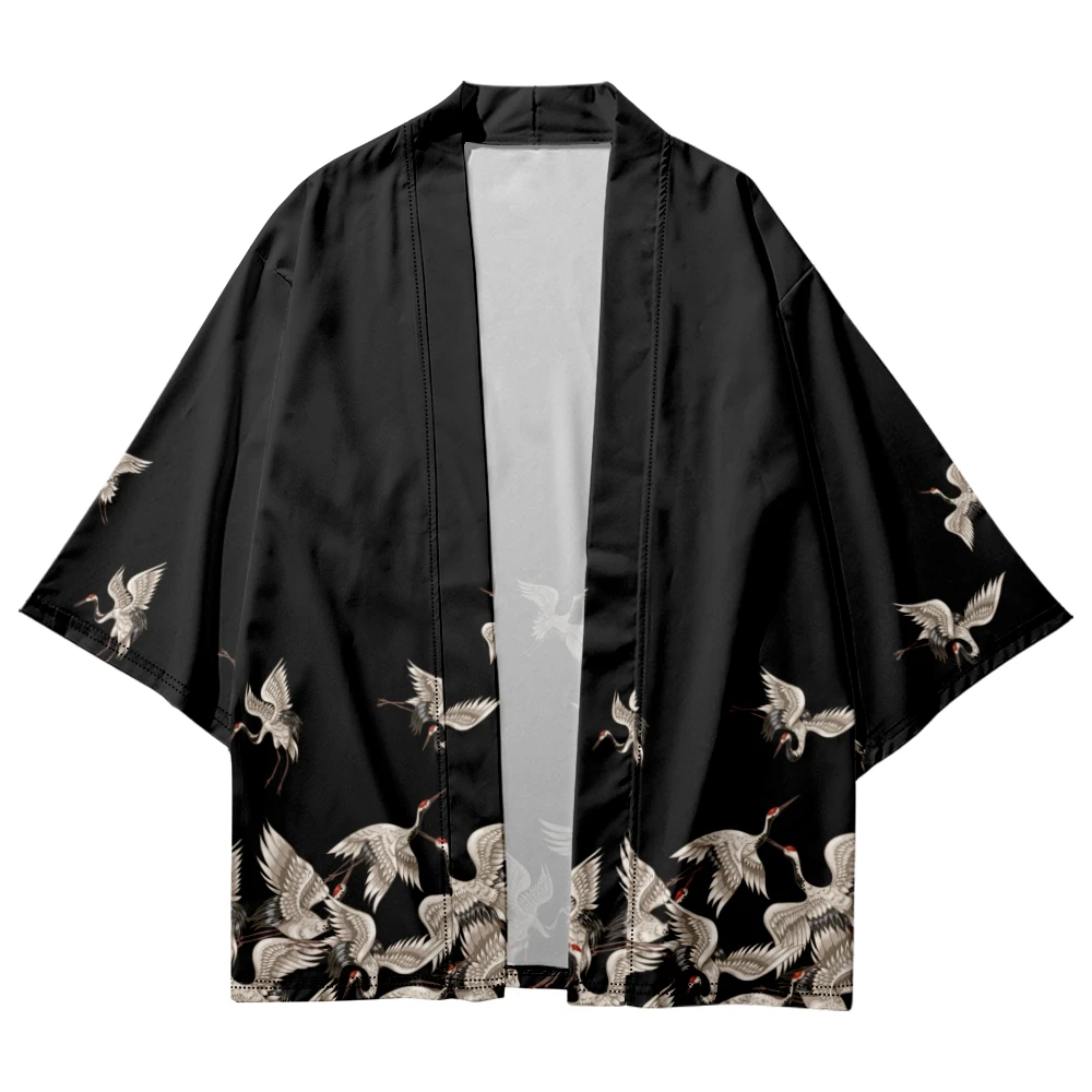 Yukata Kimono con estampado de grulla negra para mujer, cárdigan, ropa de calle japonesa, ropa suelta para hombre