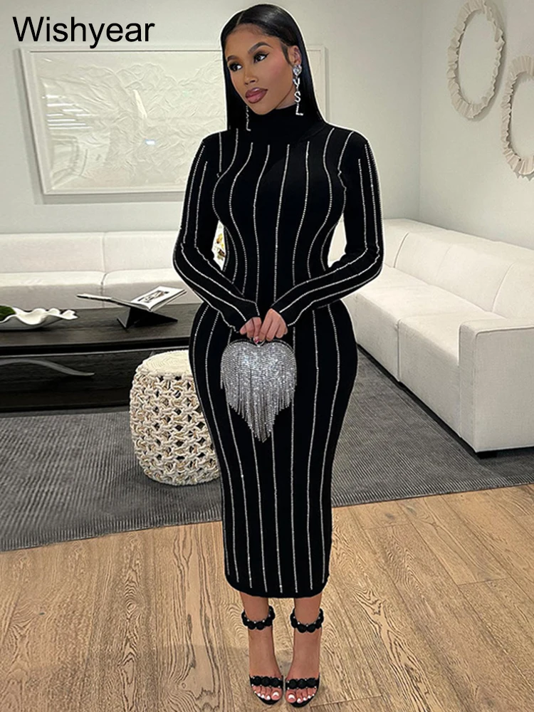 

Sexy Spring Birthday Party Long Dresses for Women Diamonds Rhinestones Striped Turn-down Collar Bodycon Midi Maxi Dress Vestido