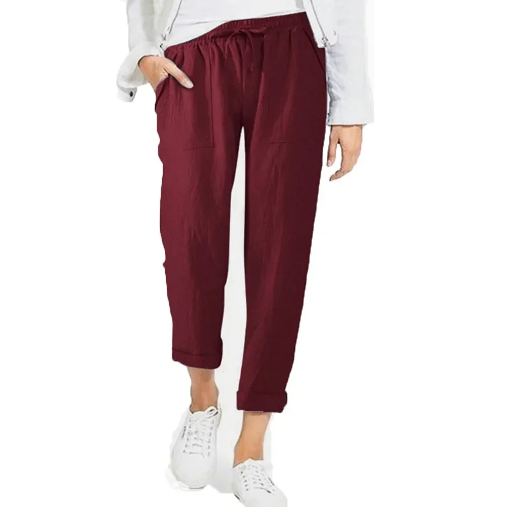 2025 Summer Cotton Linen Women's Pants Black Lace Up Pockets High Waist Casual Pants Spring Female Fashion Office Ladies Bottom