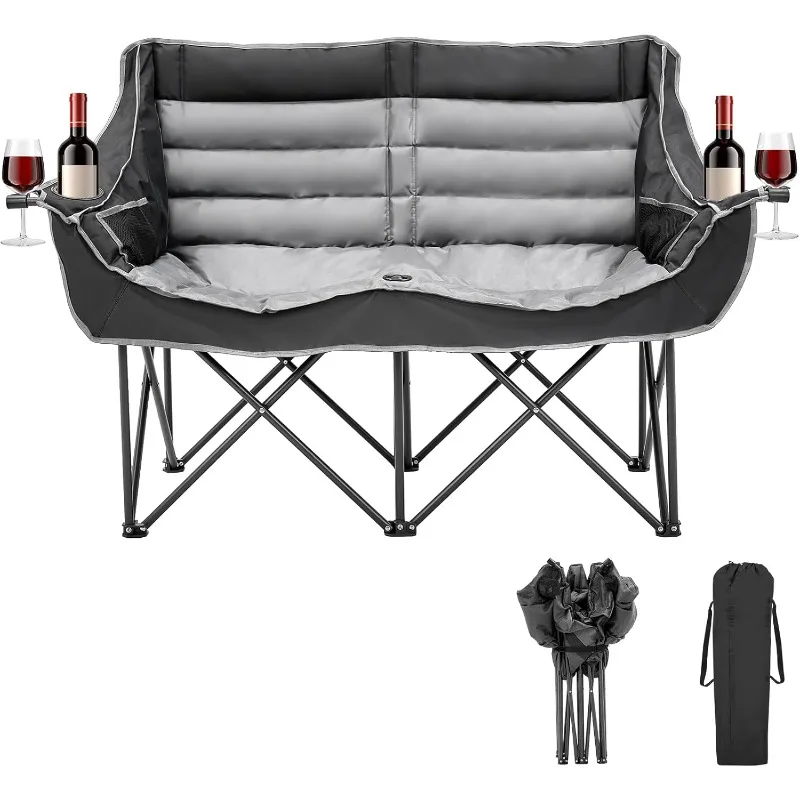 

Double adult camping chair, with cup and wine glass holder, portable cushioned double folding chair, supporting 600 pounds