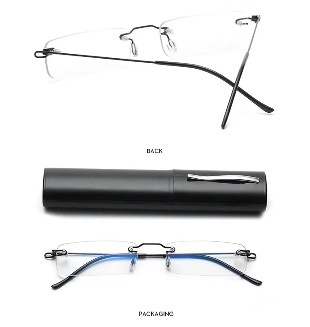 Anti-Blau Randlose Lesebrille Quadratische Metall Presbyopie Brillen Mit Fall Brillen männer Gläser Für Anblick Plus + 4 – Detail 5