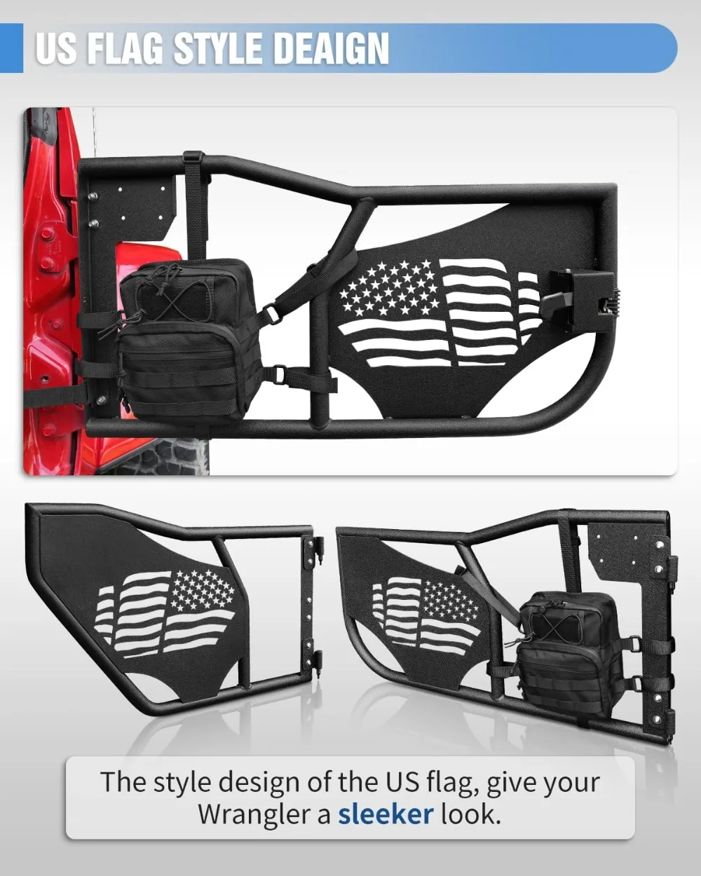 

Трубчатые двери с флагом США для Jeep Wrangler JL и Gladiator JT 2018-2024, внедорожные полудвери с сумкой для хранения