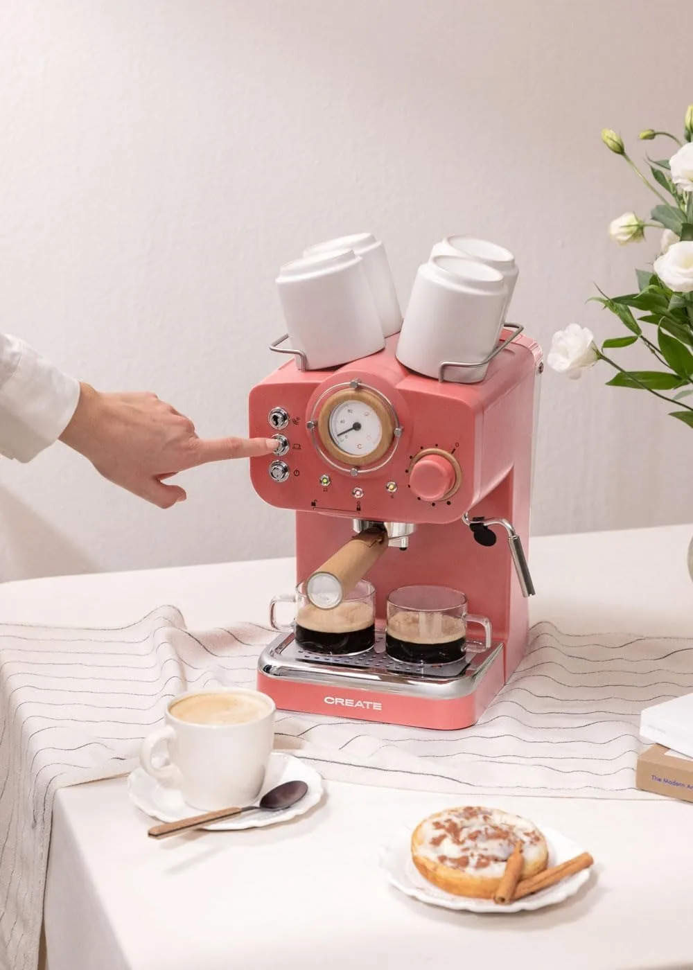 CREATE / THERA RETRO/Cafetera Express Semiautometica Terracota Mate y Madera / 20 bares، brazo dob dob dobles، depensione 1,25L، Caf