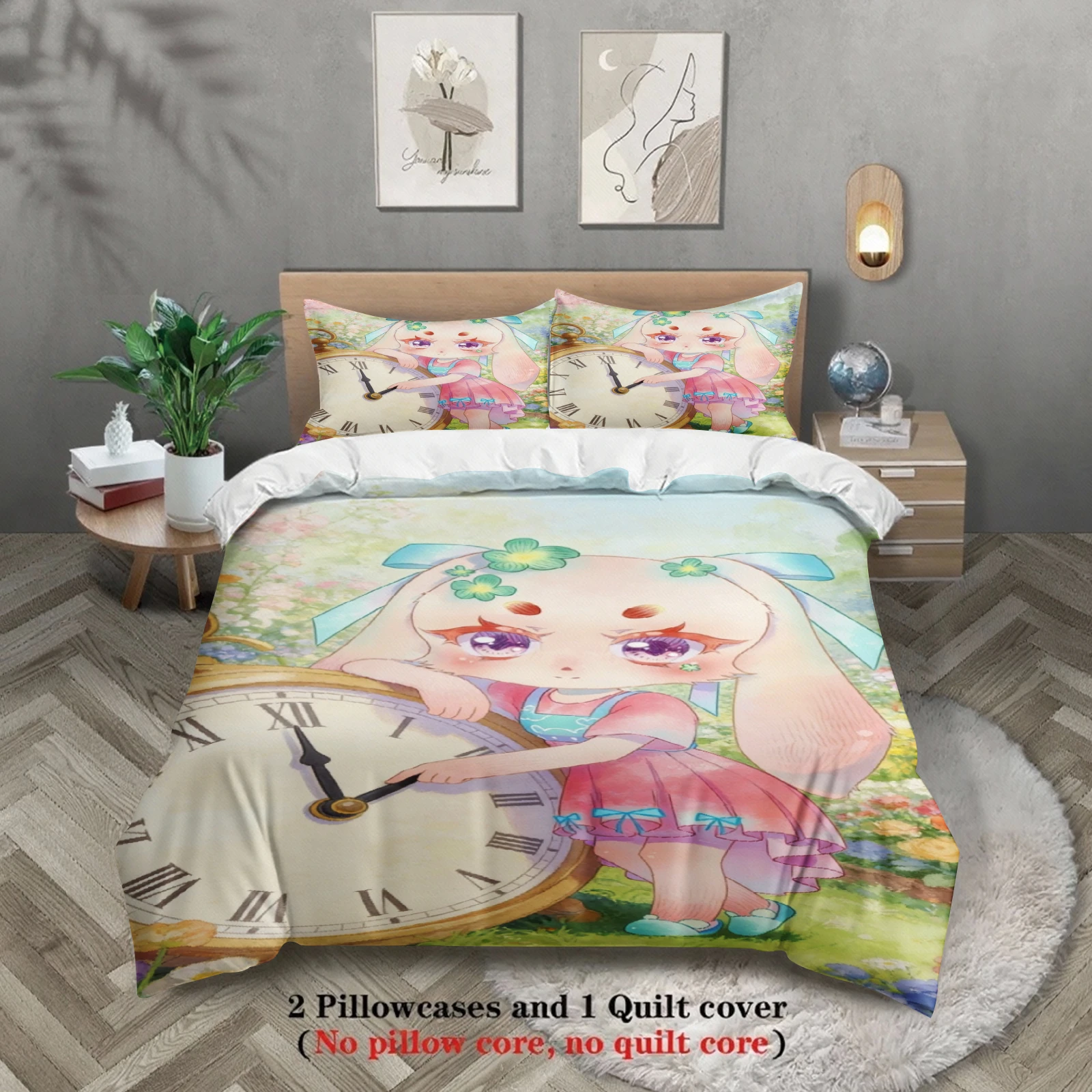 Softville Cozy Town 3PCS Bedding Sets Lop Rabbit Twist the dial Pinted Duvet Cover No filling Cartoon Style Queen King Size