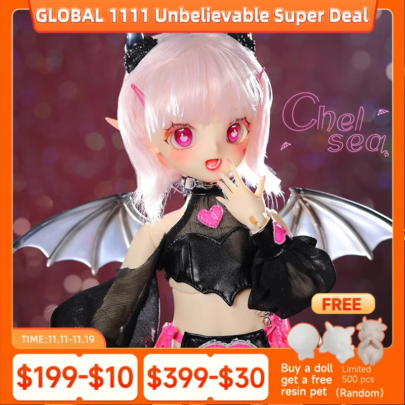 

Кукла BJD «Челси» в масштабе 1/4,3 см) — аниме-девушка с сердечками и крыльями летучей мыши, шарнирная смола, боди-арт, коллекционный подарок, настраиваемый