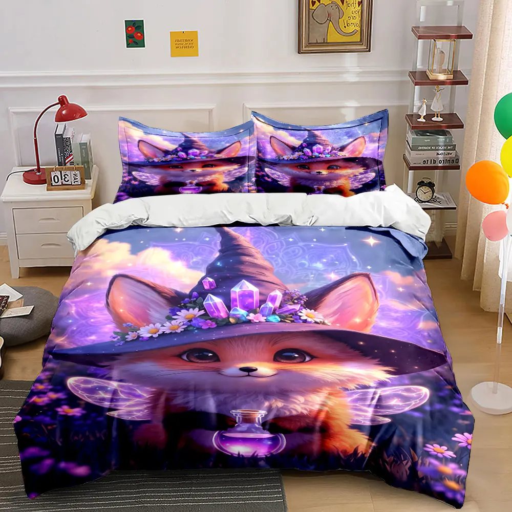 Adorable fox magic-themed illustration Print Bedding Set 1 Duvet Cover 2 Pillowcases for Adult and Children Luxury Gift