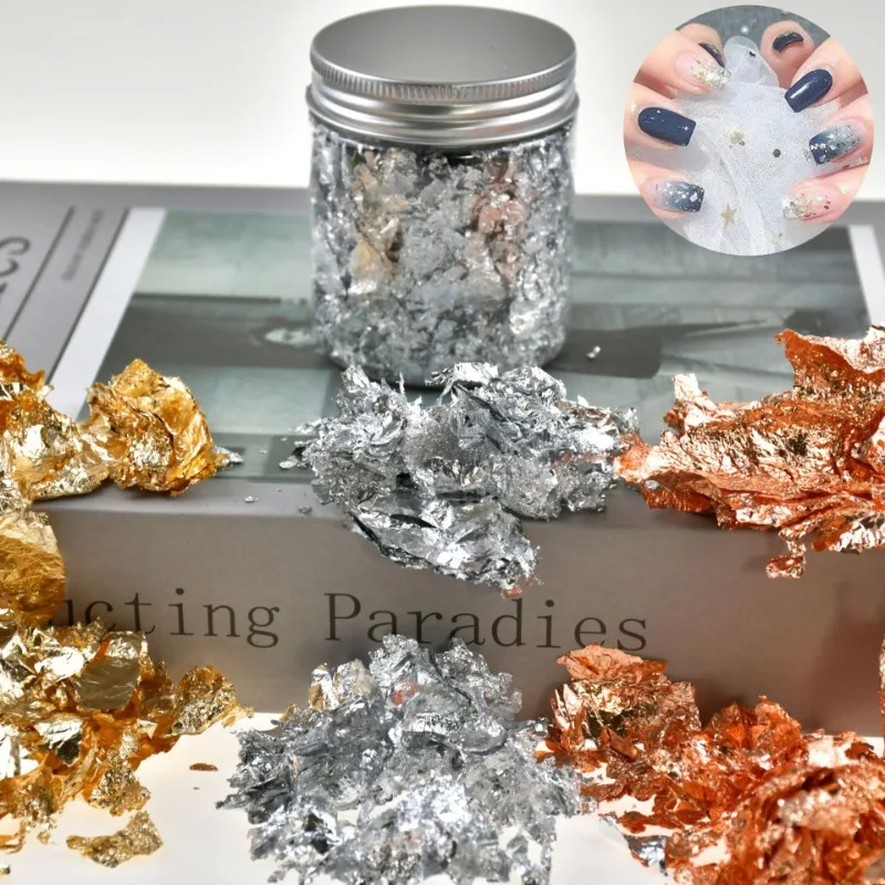 Arte de uñas enlatado de 3g con decoración de lámina dorada y plateada, pintura artística de uñas femenina con decoración de lámina dorada, plateada y de cobre