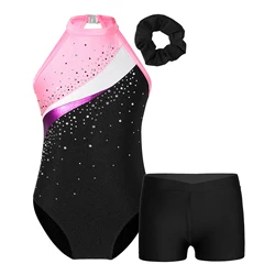 Gymnastics Outfits Kids Girls Sleeveless Shiny Rhinestone Dance Leotards Bodysuit Dancewear Sets Children Ballet Dance Costumes