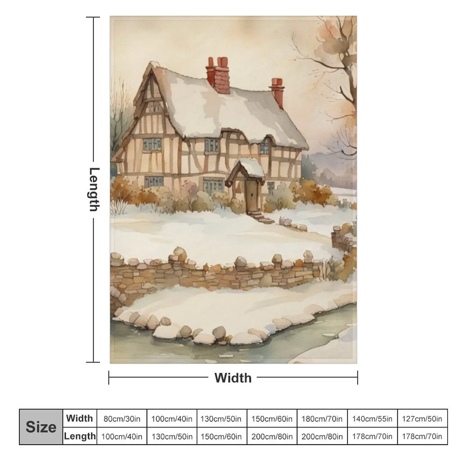 Traditional Old English Medieval Cottage in Winter Watercolor Throw Blanket Luxury Flannels Blankets