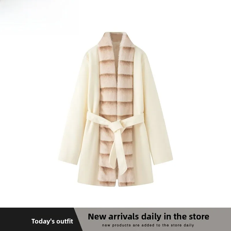 

Faionable Thiened шерстяное пальто женское уличное с поясом на талии искусственный меховой воротник из полиэфирного волокна зимняя верхняя одежда