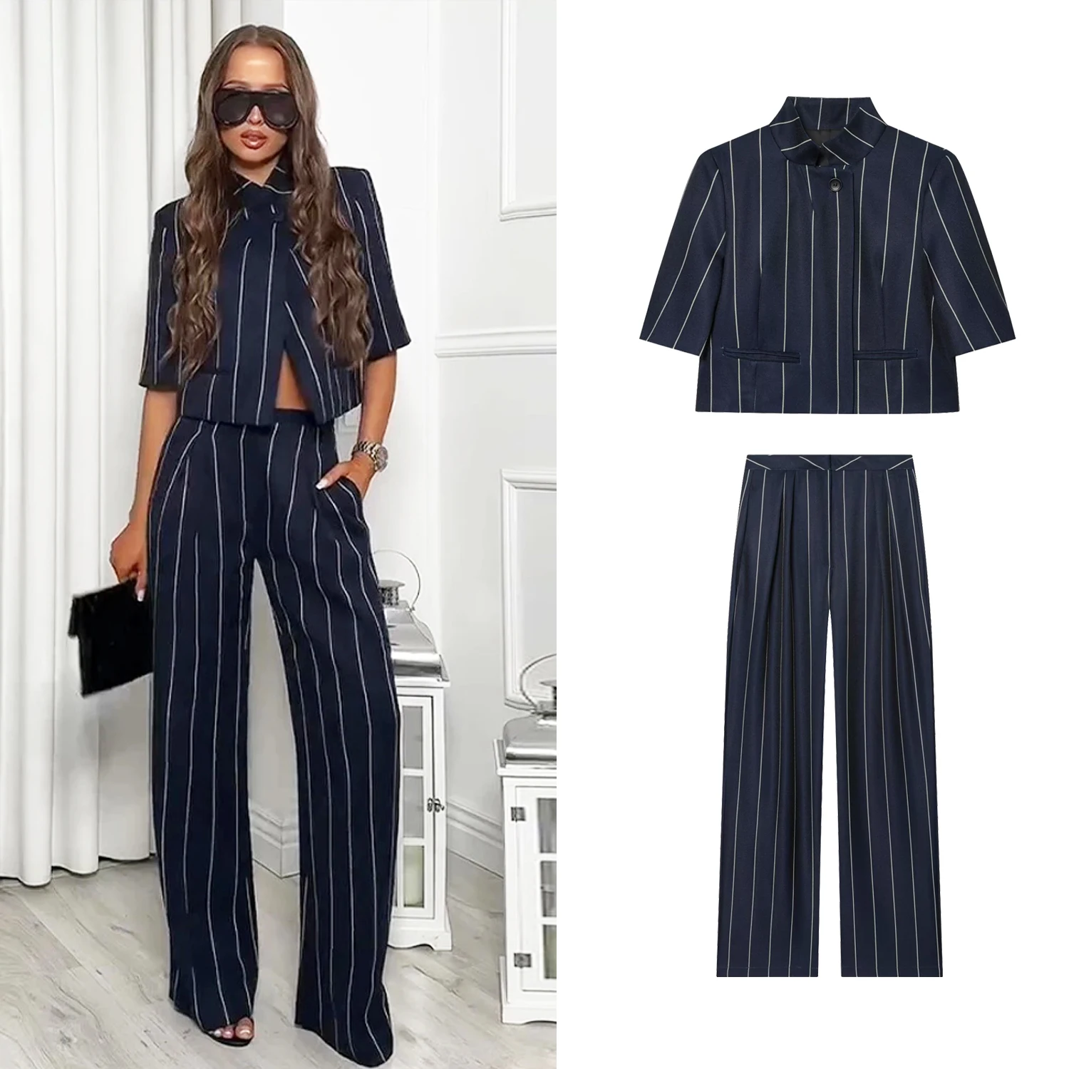Conjuntos de pantalones a rayas informales para mujer o blazers elegantes de manga corta para mujer o pantalones a rayas rectos elegantes para mujer