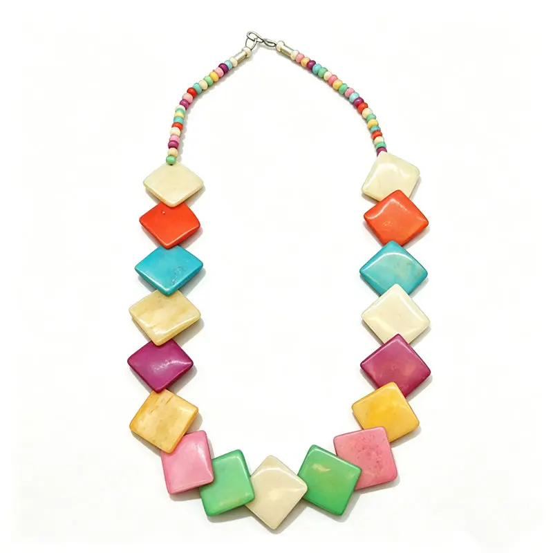 Tibetan Ethnic Necklace Colorful Yak Bone Multi Squares Necklaces TNL206